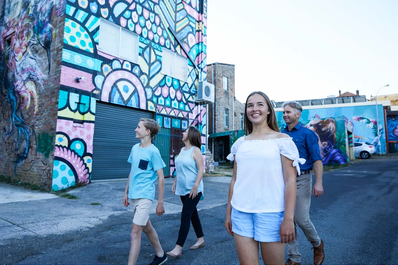 Family exploring street art in Katoomba, Blue Mountains