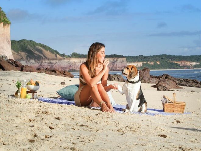 cachorro na praia com a dona em uma viagem 