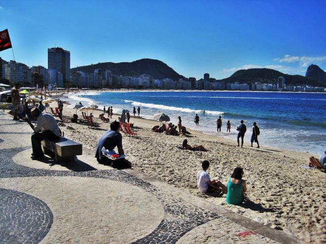 Praia de Copacabana RJ com calçadão típico e pessoas na areia e no mar
