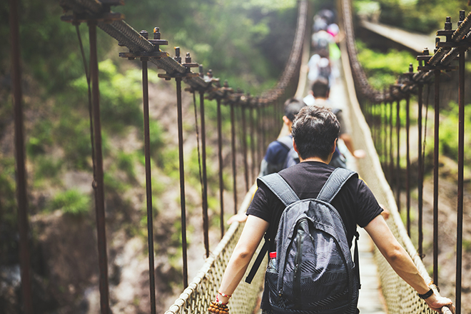 Friends walking along bridge in the forest 