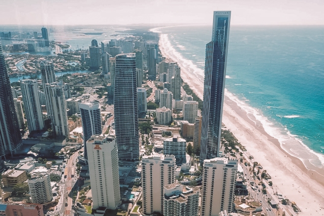 Aerial view of Gold Coast skyline and coastline