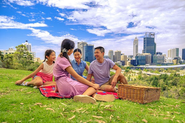 A family enjoying a picnic in Kings Park, Perth