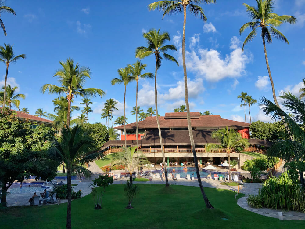 Imagem de espaço de lazer de resort com palmeiras e piscina.