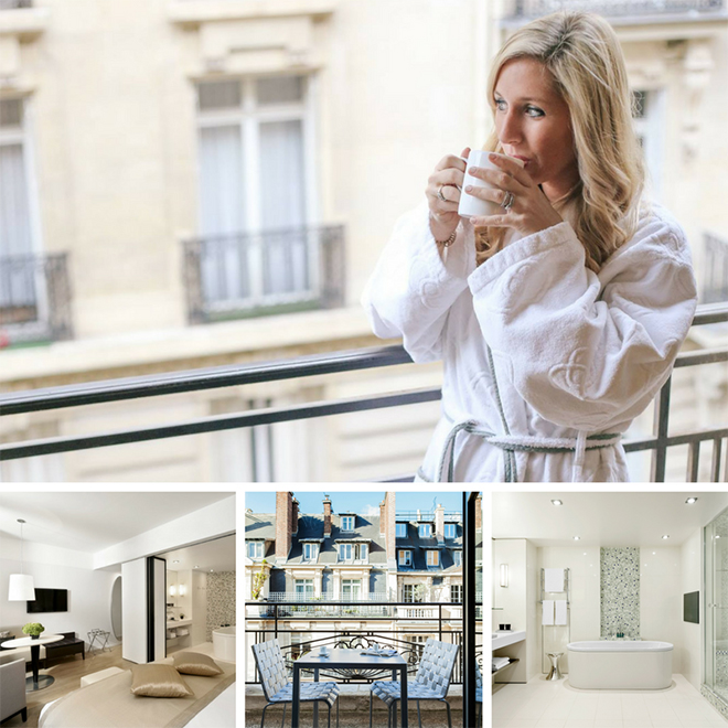 Competition winner Chloe with long blonde hair and wearing a white dressing gown drinking a cup of coffee on her hotel balcony in Paris 