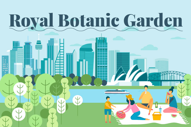 Illustration of family enjoying a picnic in the Sydney Royal Botanic Gardens with the Sydney Harbour in the background.