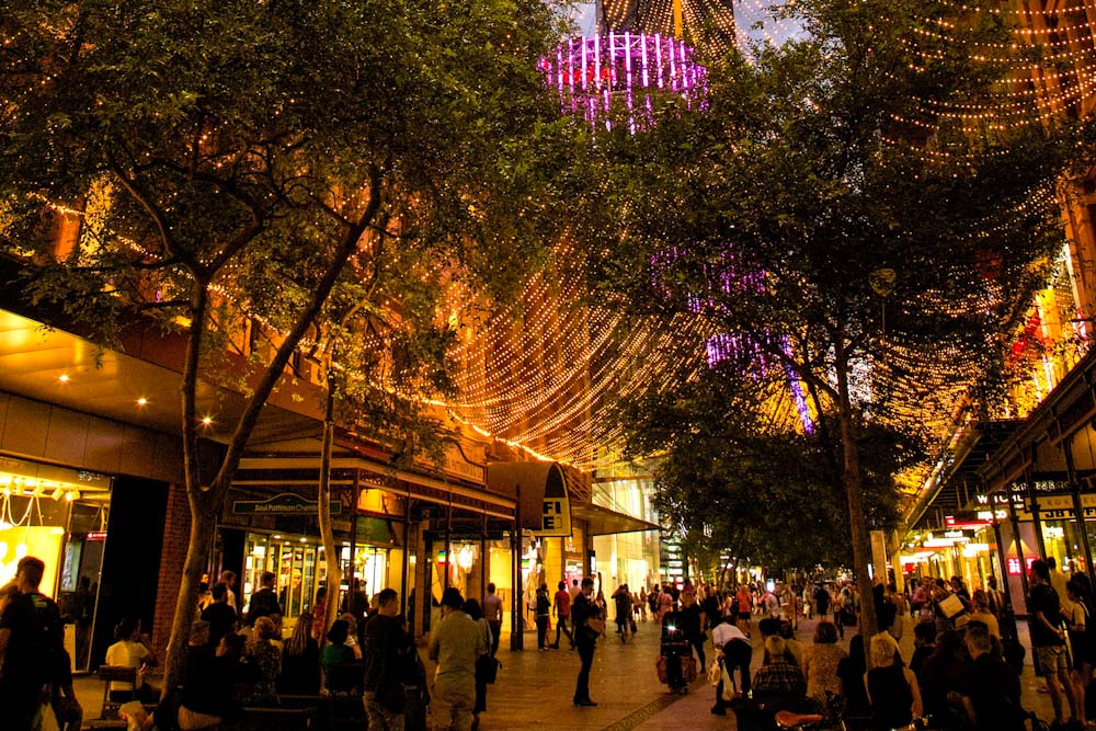 Canopy of lights draped over Pitt Street Mall, Sydney