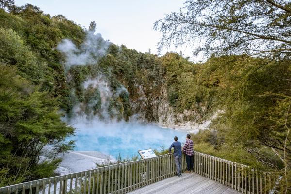 Waimangu Volcanic Valley, a popular NZ destination for geothermal hot springs near Rotorua, New Zealand. The geothermal hot springs of Rotorua make it a popular holiday destination for relaxing in the water all year round. Image credit: Tourism NZ, Miles Holden